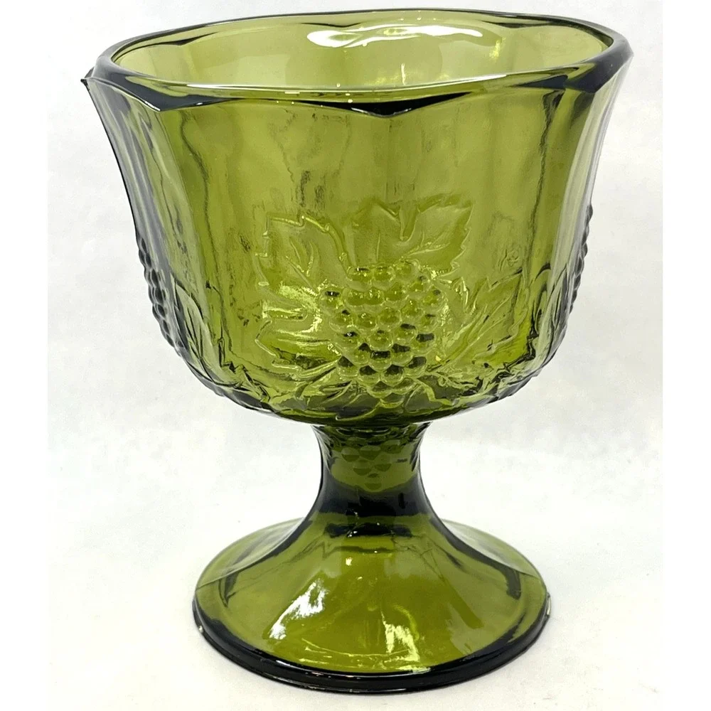 Vintage Indiana Glass Compote Candy Dish Embossed Harvest Grape Avocado Green‎